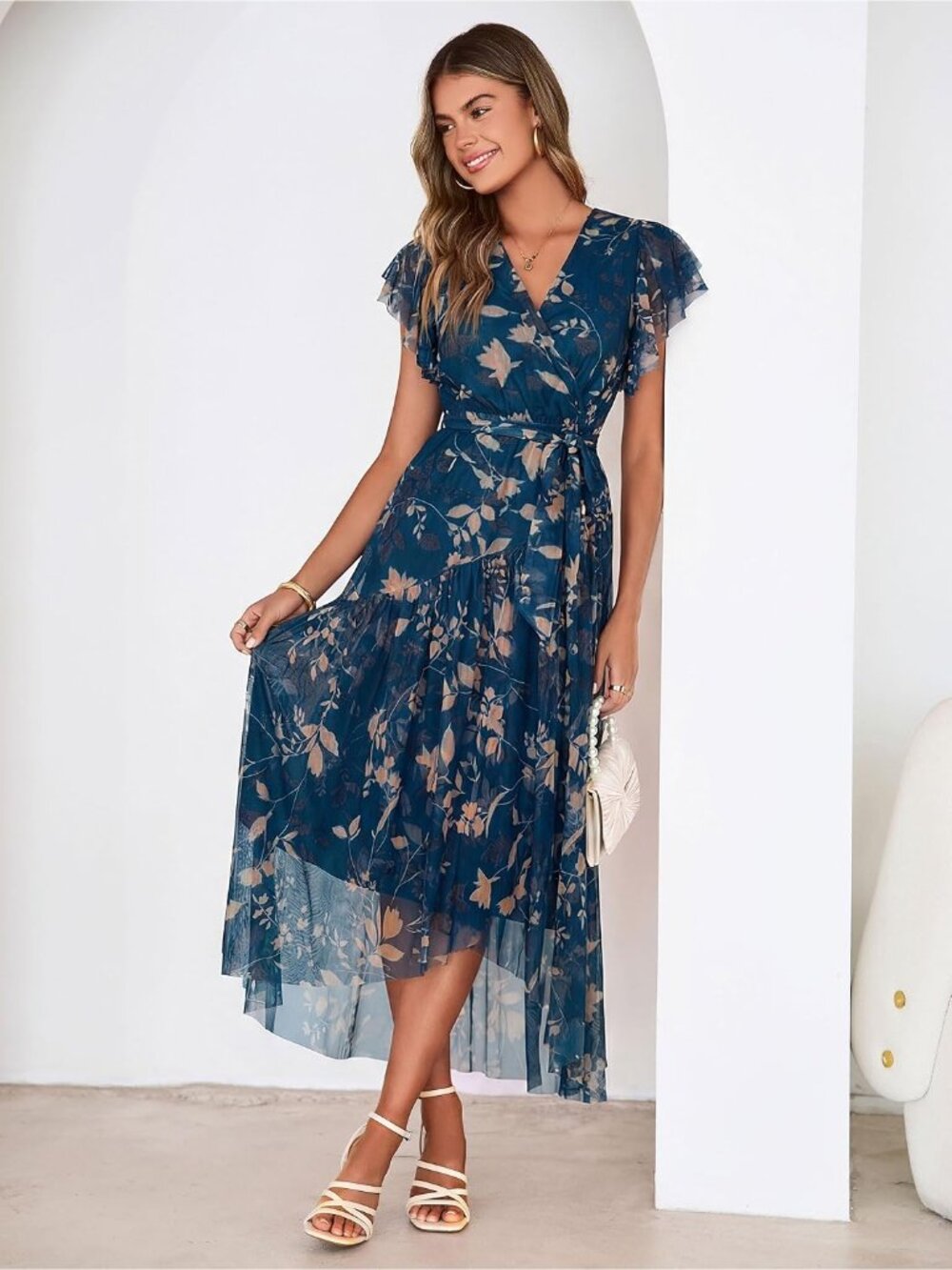 Women's Blue Ink Short Sleeve V Neck Imported Casual Mesh Floral Maxi Dress - Picture 5 of 7